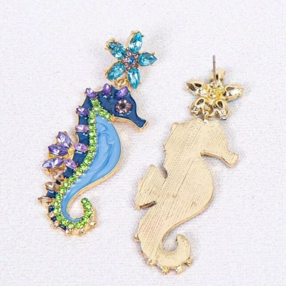 Summer Bohemian Ocean Blue Crystal Rhinestone Seahorse Flower Drop Earrings - Picture 5 of 7
